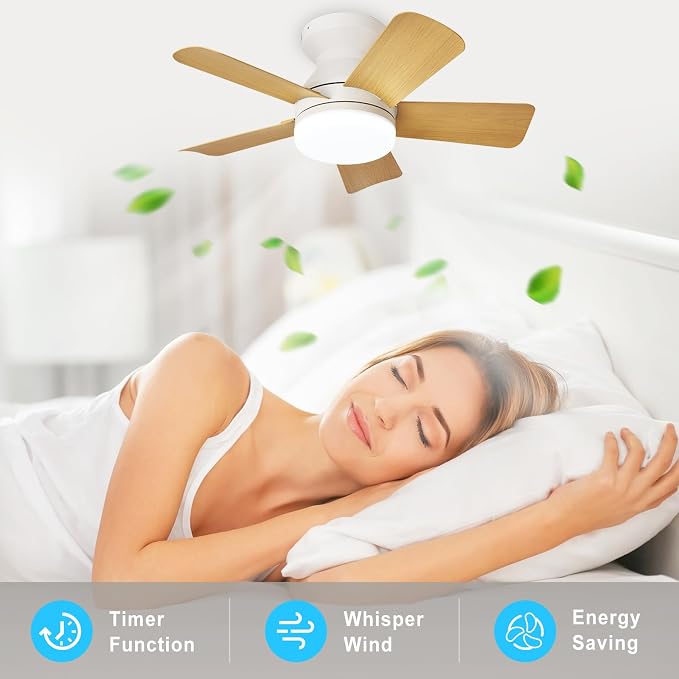 Depuley Modern Ceiling Fan with Light: 25-Inch White Small Fans for Bedroom Indoor Outdoor - Dimmable Low Profile Ceiling Fans with Remote Control Flush Mount 5 Reversible Wood Blades 6 Speeds Timer