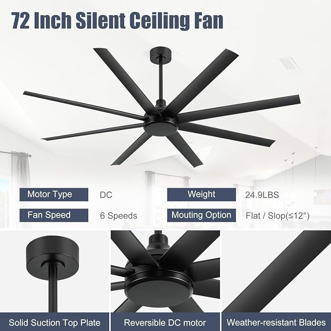 72 Inch Ceiling Fan No Light, Modern Ceiling Fan with Remote Control, Quite DC Motor 8 Reversible Blades Indoor Outdoor Industrial Ceiling Fan without Light For Living Room Bedroom Patio Garage-Black