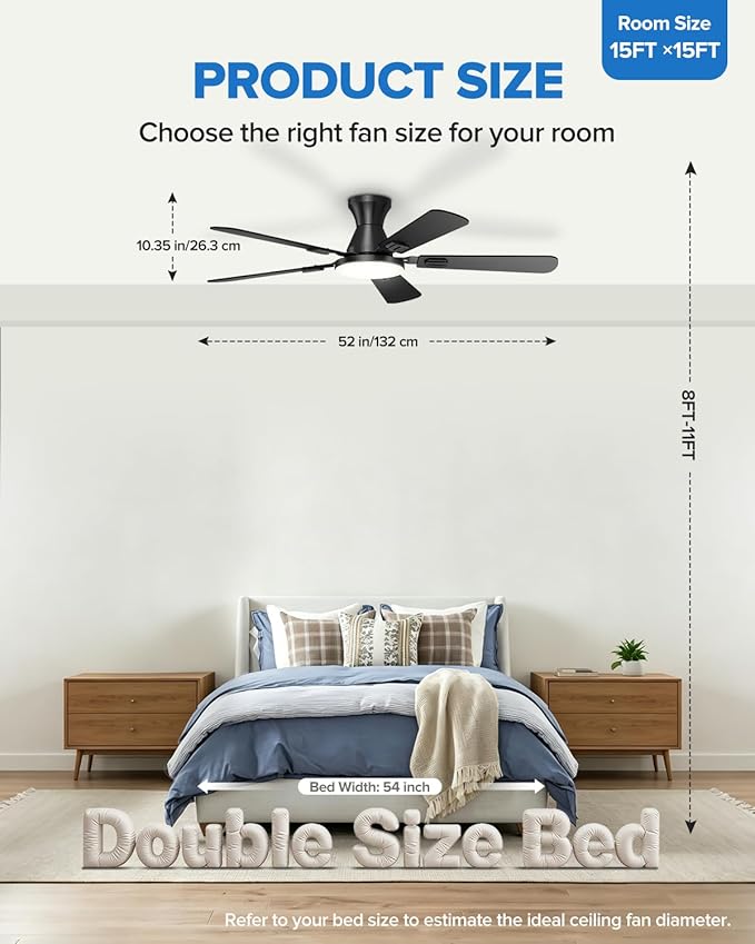 UME 52" Ceiling Fan with Lights & Remote, 6 Blades Low Profile Ceiling Fan, Quiet DC Motor, Natural Wind, 6 Speeds, 3CCT Dimmable 20W LED Modern Ceiling Fan for Bedroom, Living Room, Black