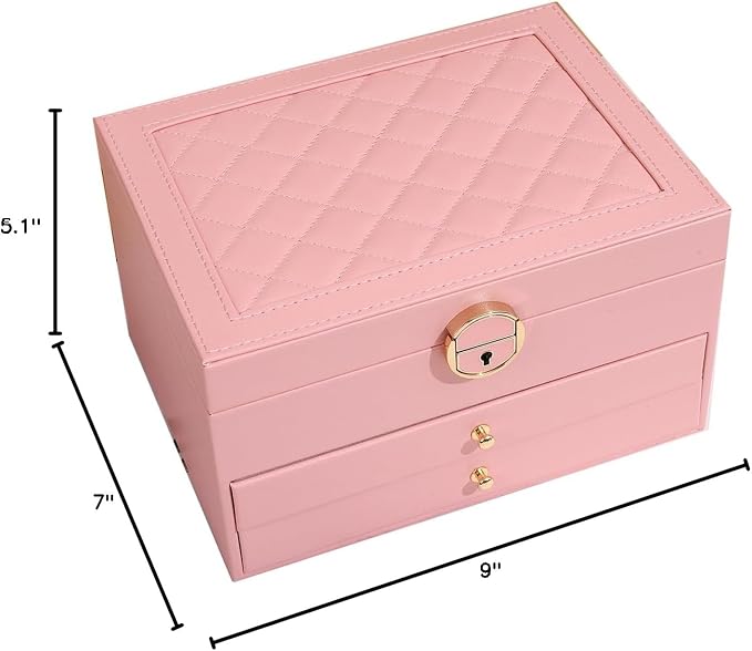 GUOER Jewelry Box for Women Girls, 3 Layers Large Jewelry Organizer (Pink) | Vintage Quilting Stitching PU Leather, Earrings Bracelets Rings Necklace Watches Storage Large Jewellery Holder Case Gifts