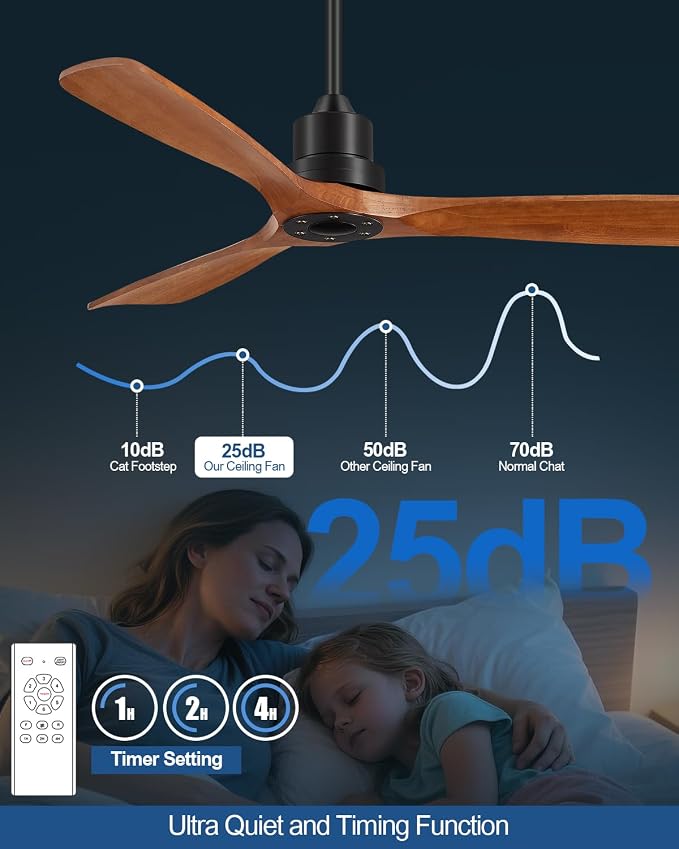 Ceiling Fans With Remote Control, Outdoor Ceiling Fan for Patios Indoor, 3 Downrods, 3 Blades, Timer, 6 Speed Reversible Quiet DC Motor Modern Fan Solid Wood Fan, 60in, Brown