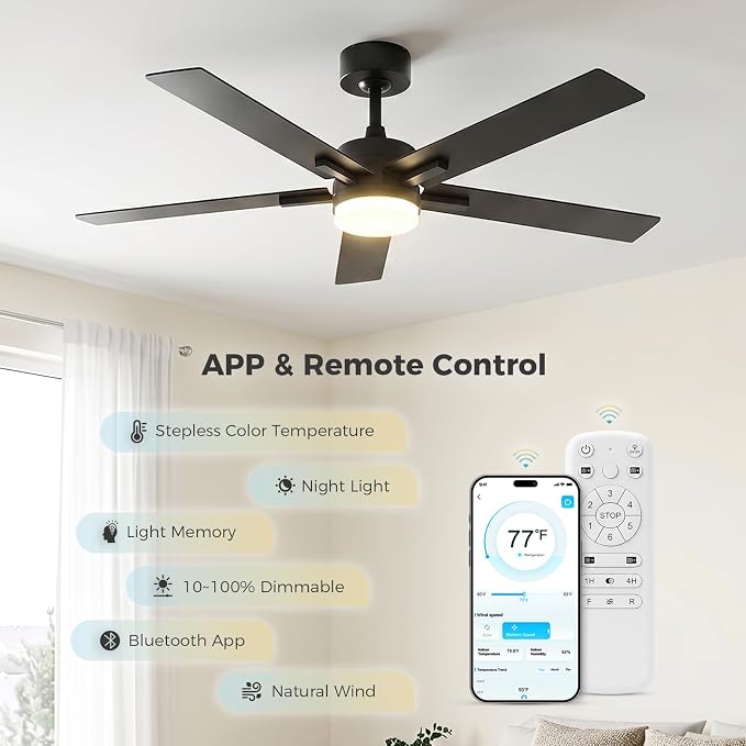 Obabala Ceiling Fan with Light 52 Inch, DC Motor Ceiling Fan with Remote | And APP Control, Dimmable LED Color Changing, Reversible Quiet Fan for Bedroom Living Room Indoor Outdoor, Modern