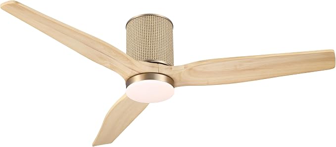 LEDLUX 52" Ceiling Fan with Light - Low Profile Flush Mount Ceiling Fan, 6-Speed Remote Control, Solid Wood, Quiet Reversible DC Motor, Boho Style, for Bedroom, Living Room, Porch, Light Oak/Gold