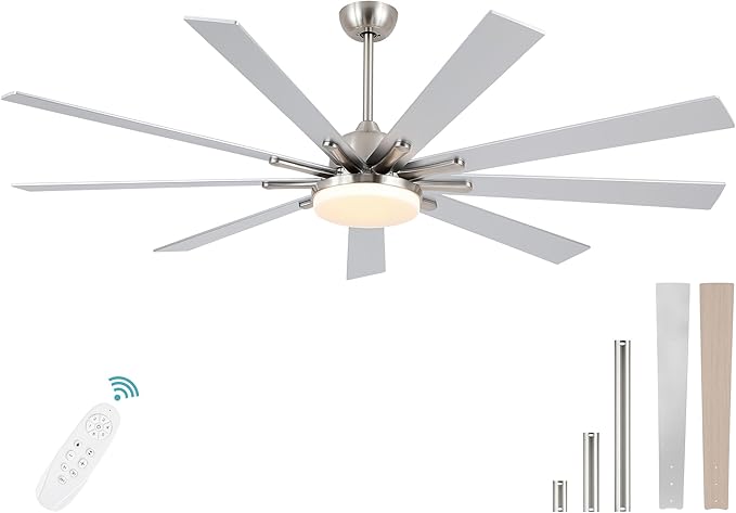 POCHFAN 72 Inch Ceiling Fans with Lights,Large Modern Ceiling fan with Remote and 9 Wooden Blades,Dimmable,6 Speeds,Noiseless Reversible Indoor&Outdoor Fan for Bedroom,Patio,Living Room