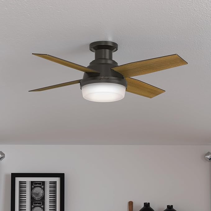 Hunter 44 inch Indoor Ceiling Fan with LED Light and Remote Control - Bronze Modern Ceiling Fan, Low Profile Mount, 4 Blades, For Bedroom, Living Room, or Kitchen, Quiet - Dempsey 59445, Noble Bronze | with LED Light and Remote Control, Low Profile Mou...