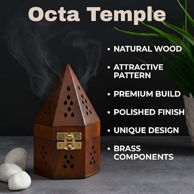 Bless-International Traditional-Handmade-Burner Wooden-Incense-Stick-Holder Ash-Catcher-Stand for-Aromatherapy-Meditation-Yoga (5 Inch Octa Temple Wooden Charcoal/Cone)