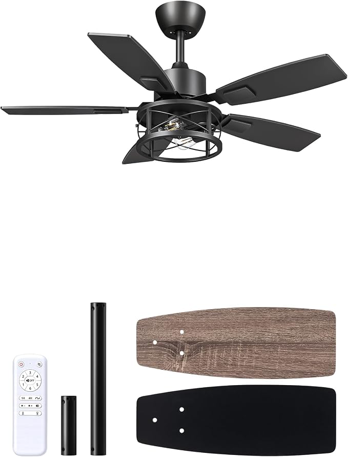 EDISHINE 42" Farmhouse Ceiling Fans with Lights and Remote, 10%-100% Dimmable, 6 Speeds, 5 Wood Blades, Reversible DC Motor, Timer, Quiet, Rustic Caged Fandelier Ceiling Fan for Bedroom Living Room