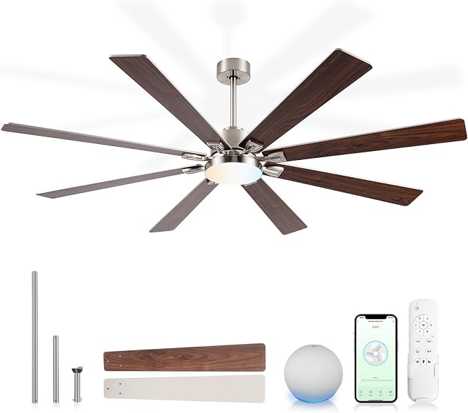 72 Inch Large Smart Ceiling Fan with Light and Alexa/APP(via WiFi),Brushed Nickel Indoor Outdoor Ceiling with Remote for Bedroom Patio,6 Speed,Quiet DC Motor,3CCT,8 Wooden Blades