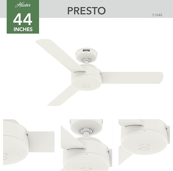 Hunter Presto, Indoor, Ceiling Fan, No Light, Modern, 44 inch, Matte White | SureSpeed high velocity airflow you can feel; no-light design and 3D Interactive Guide support small rooms and offices.