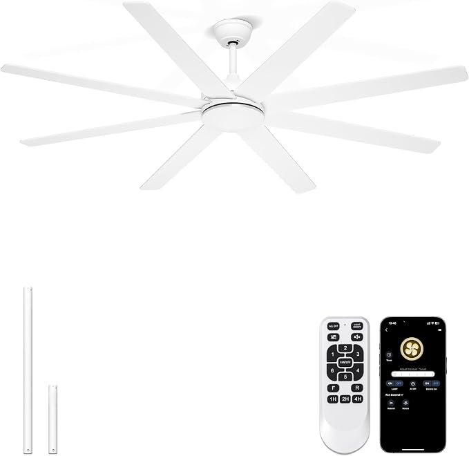 72'' White Large Ceiling Fan No Lights for Indoor/Covered Outdoor | Remote/APP Control, 7138 CFM Airflow, Quiet DC Motor, Reversible Airflow, 8 Blades Modern Overhead Fan for Patio, Shop