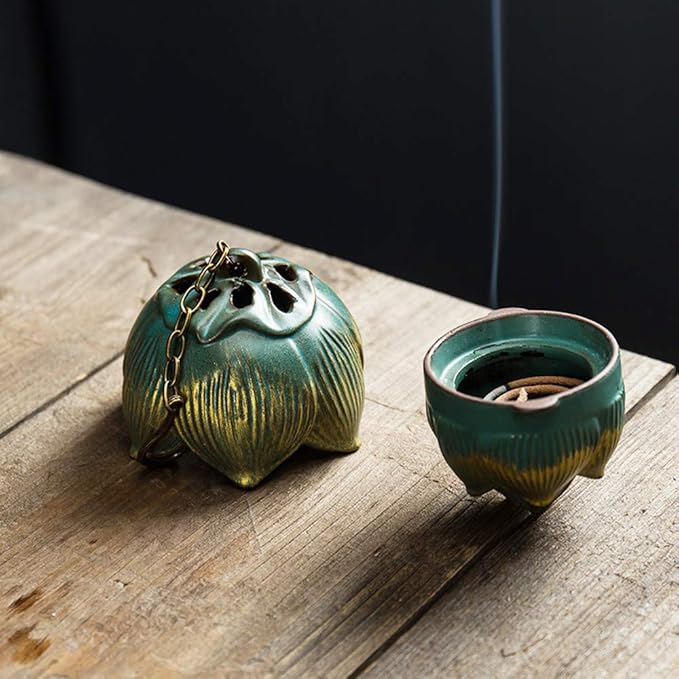 Primst Lotus Furnace Hollow Hanging Ball Incense Burner, Ceramic Backflow Incense Cones and Incense Coil Holder for Home Office Ornament Decoration