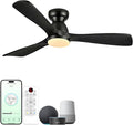 60in Smart Flush Mount Ceiling Fans with Lights,Outdoor Low Profile Ceiling Fan Quiet DC Motor,Work with Alexa/Gg Voice Control/App/Remote,Dimmable,6-speed,3 Wood blades Fan for Patio,Black
