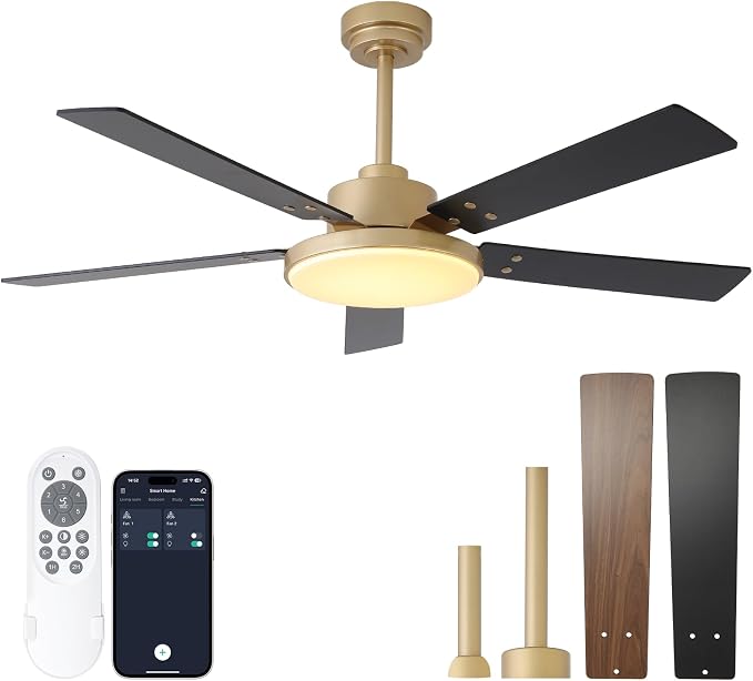 52 Inch Gold Ceiling Fans with Lights and Remote/APP, 12.2'' Large 3CCT LED Light Panel, Modern Smart Black and Gold Ceiling Fan for Bedroom Living Room, ETL Listed, 6 Speeds Quiet DC Motor