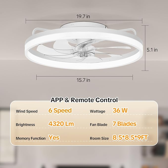 20 Inch Low Profile Ceiling Fans with Lights and Remote, White | Flush Mount 7-Blade Fandelier with App Control, 3CCT Dimmable, Quiet Reversible DC Motor, 6 Speeds Ceiling Fan for Bedroom