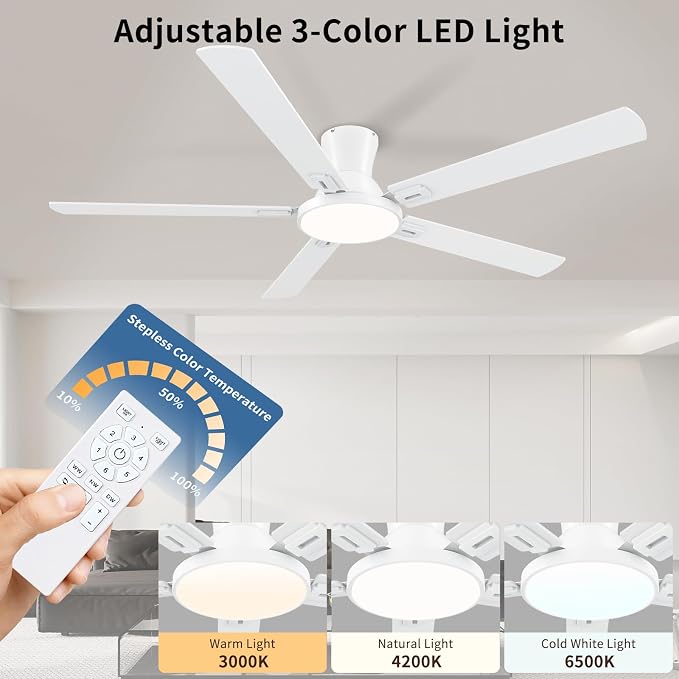 60 Inch White Ceiling Fans with Lights and Remote, Flush Mount Low Profile 6 Blades Ceiling Fan with 10 Inch Lighting Fixture, Quiet Reversible DC Motor for Living Room, Bedroom and Patio