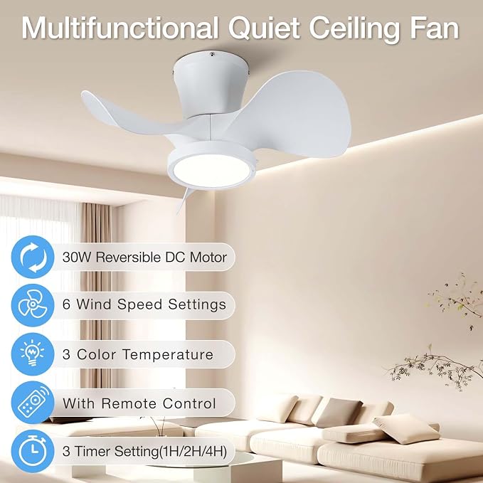ocioc Ceiling Fans with Lights and Remote, 22 inch Ceiling Fans with Reversible Quiet DC Motor, Flush Mount, 3CCT, White Ceiling Fan for Bedroom Indoor/Outdoor