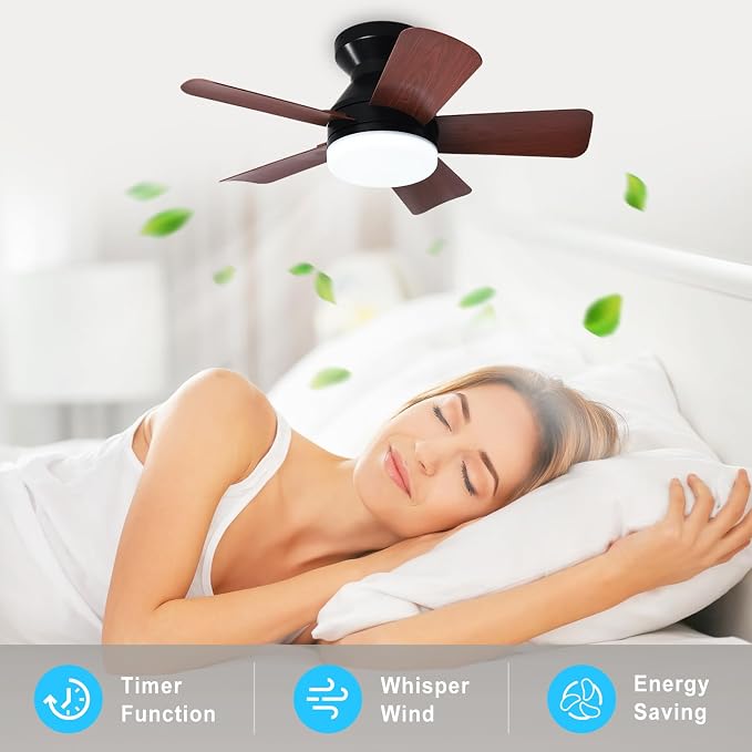 Depuley Modern Ceiling Fan with Light: 25-Inch Black Small Fans for Bedroom Indoor Outdoor - Dimmable Low Profile Ceiling Fans with Remote Control Flush Mount 5 Reversible Walnut Blades 6 Speeds Timer