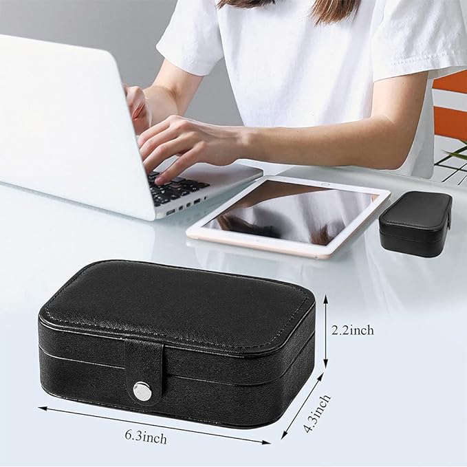 Hatori Travel Jewelry Box, PU Leather Small Jewelry Organizer for Women Girls, Double Layer Portable Mini Travel Case Display Storage Holder Boxes for Stud Earrings, Rings (Black)