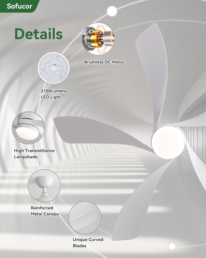 Sofucor 52" Smart Ceiling Fan, Indoor/Outdoor White Ceiling Fans with Lights and Remote, Works with Alexa/Google/App, 3-Color Light 6-Speed Timing Reversible DC Motor for Bedroom Living Room Patio