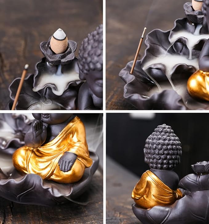 Creativity Lotus Backflow Incense Burner Smoke Waterfall Buddha Incense Aromatherapy Stick Holder Craft for Yoga Room/Office/Home Decor (D)
