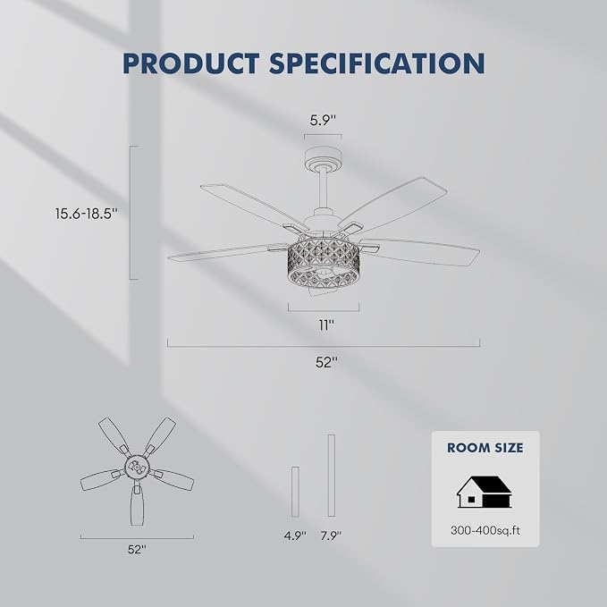 52 Inch Farmhouse Ceiling Fan with Lights and Remote, 5 Blades Double-color Finish, Quiet & Reversible DC Motor, Crystal Caged Ceiling Fan for Bedroom Living Room Kitchen Outdoor Covered Patio
