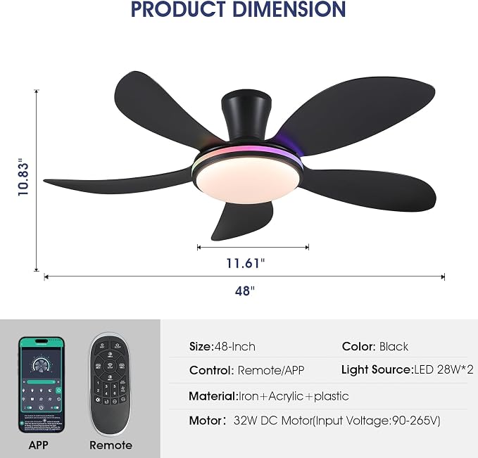 PHORUS 48" Black Modern Low Profile RGB Ceiling Fans with Lights and Remote | 13 RGB Modes,Supports Remote and APP,6 Wind Speeds, Reversible, Dimmable 3 CCT LED, 30W DC Motor,Suits for Bedroom Kidsroom