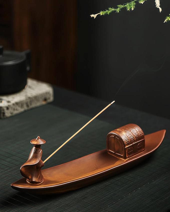 Zen Incense Holder - Ceramic Warrior Samurai on Drifting Boat, Kung Fu Master Figure for Meditation, Yoga, and Home Decor