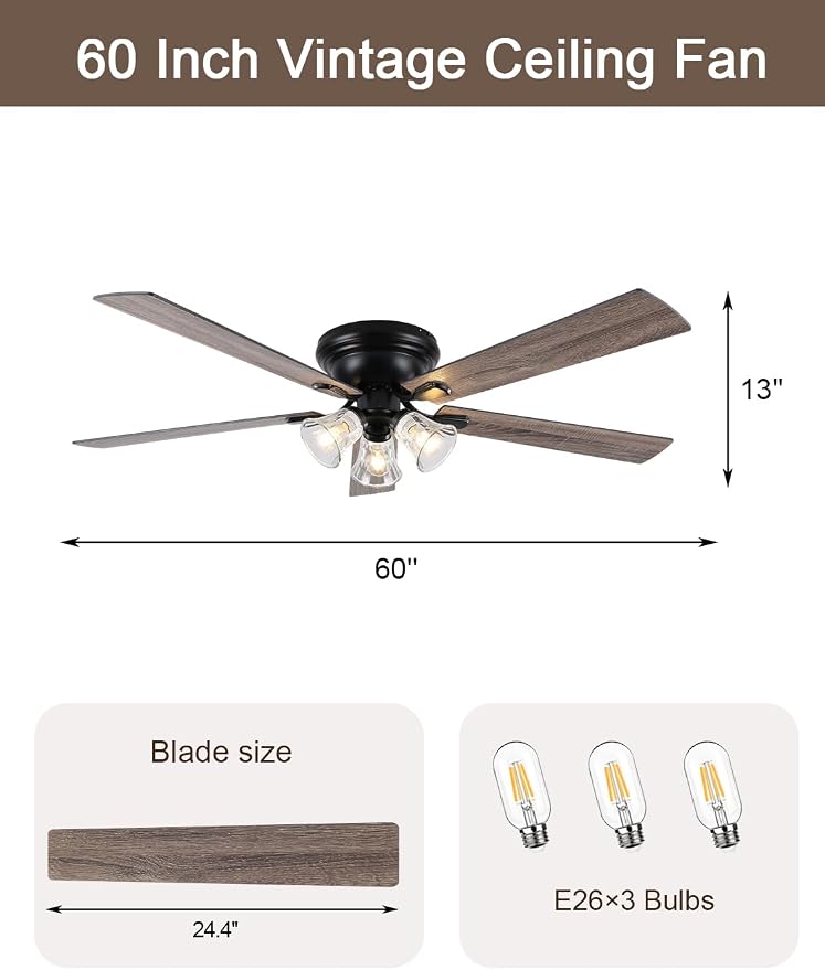 52" Flush Mount Crystal Ceiling Fan with Lights and Remote | Rustic Chandelier Ceiling Fan, Low Profile Farmhouse Fandelier for Bedroom Living Room Kitchen, 3 E12 Bulbs (Not Included)