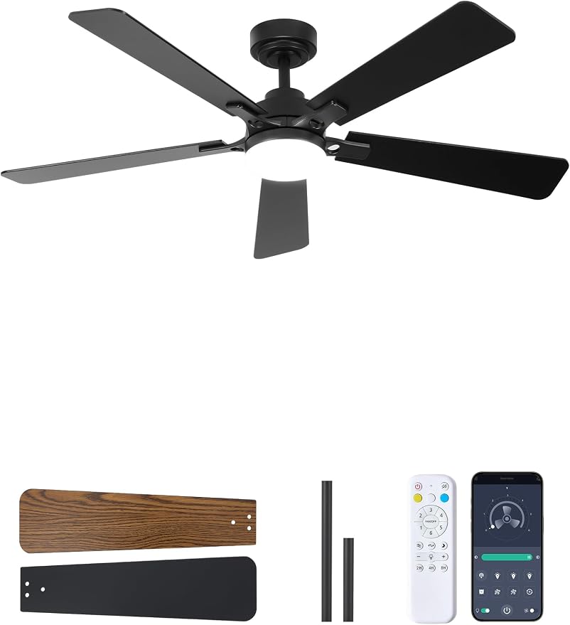52 Inch Ceiling Fan with Lights and Remote, Downrod Mount, Sloped Ceiling Compatible up to 15°, Quiet Reversible DC Motor, 3CCT Dimmable LED, Black Ceiling Fan for Bedroom Living Room