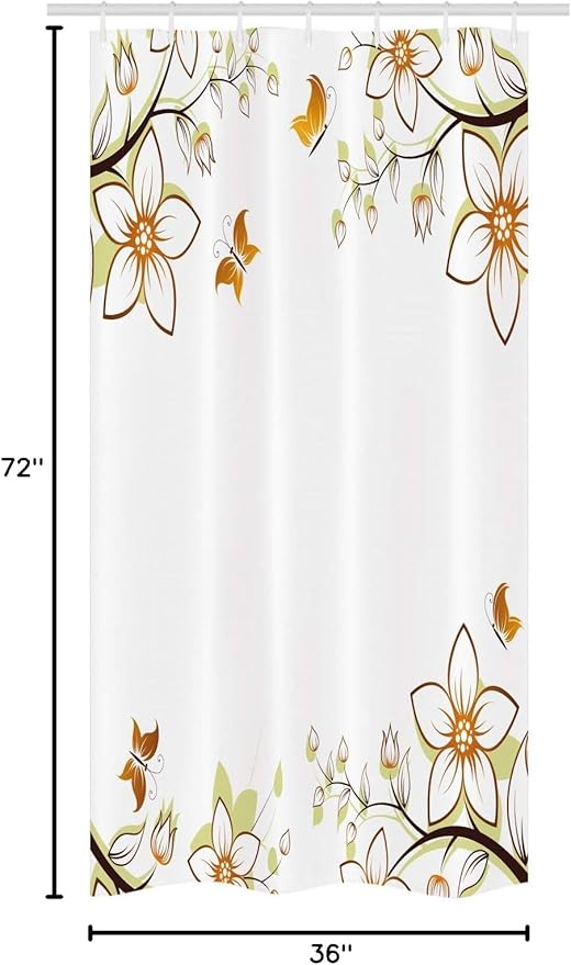 Ambesonne Floral Stall Shower Curtain, Flowers Leaves Branches Buds Butterflies Frame Like Image Print, Fabric Bathroom Decor Set with Hooks, 36" W x 72" L, Pale Green Pale Brown
