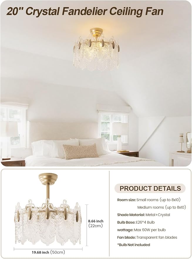 20 Inch Gold Crystal Fandelier Ceiling Fan with Light, Mid Century Gold Fandelier Ceiling Fans with Lights Remote Control, French Country Chandelier with 6 Speeds for Bedroom, Nursery, Living Room