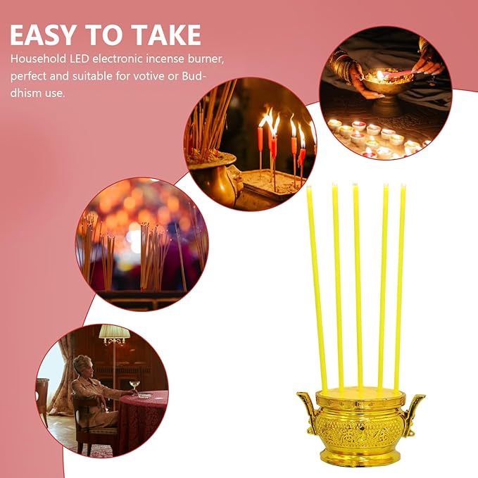PRETYZOOM LED Electric Incense Burner – Smokeless Flameless 5-Stick Censer, 10.03×4.72×2.36 in, Gold Metal – Battery Operated for Buddhist Altar, Meditation Room, Home Decor