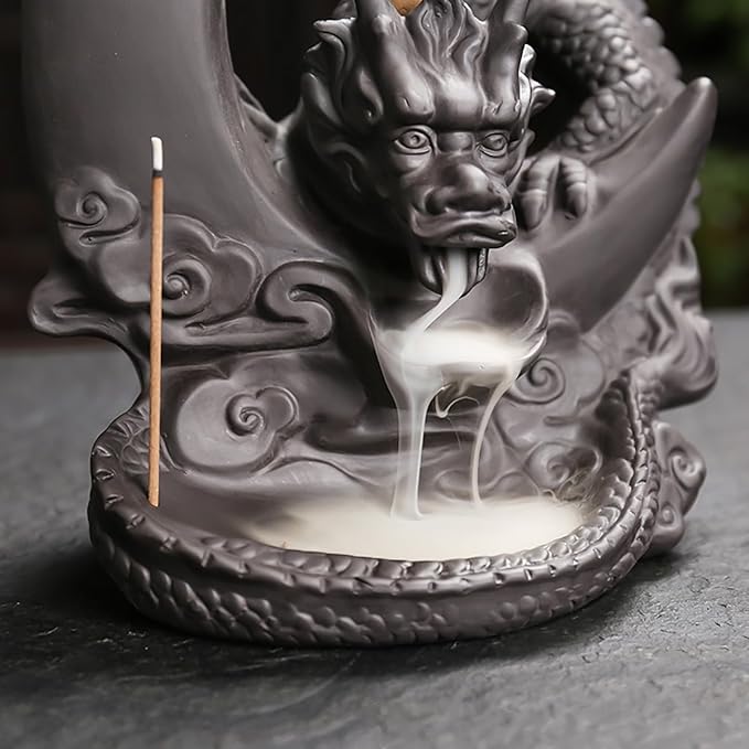 Moon Dragon Incense Burner - Ceramic Incense Waterfall Burner Dragon Smoke Fountain Incense Holder with Cones & Tweezer & Mat for Aromatherapy/Yoga/Home/Office Decor