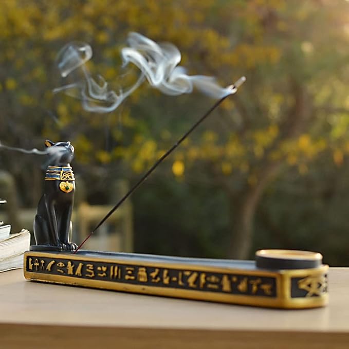 OwMell Egyptian Incense Holder for Sticks, Egyptian Cone Incense Burner with Ash Catcher, Incense Tray for Sticks 10" - Egyptian Cat