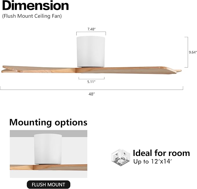 WINGBO 48 Inch Flush Mount DC Ceiling Fans without Lights, 5 Carved Solid Wood Blades, 6-Speed Reversible DC Motor, Low Profile Hugger Ceiling Fan No Lights for Indoor and Outdoor, White and Oak