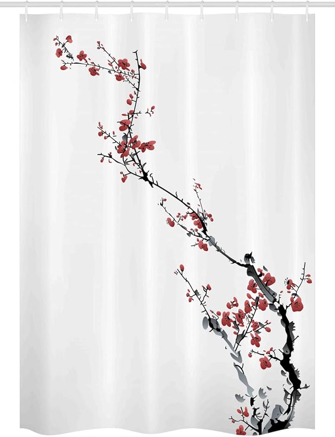 Ambesonne Watercolor Flower Stall Shower Curtain, Sakura Tree Cherry Branches in Classic Style Artwork, Fabric Bathroom Decor Set with Hooks, 54" W x 78" L, Coral Black