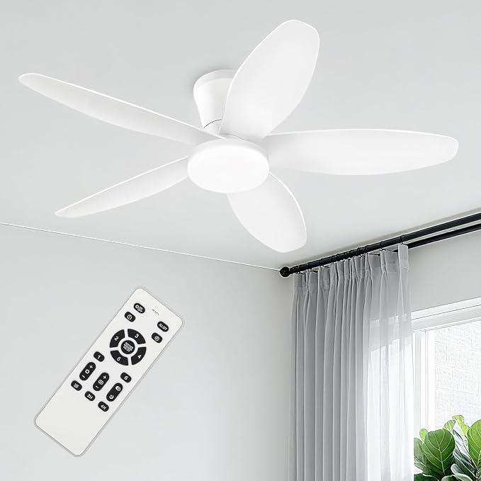 White Ceiling Fan with Light, 42 Inch Low Profile Flush Mount Ceiling Fan 6-Speed Wind, Quiet Reversible DC Motor, 3 Color Dimmable Lighting, Small Ceiling Fans for Living Room/Kitchen/Bedroom