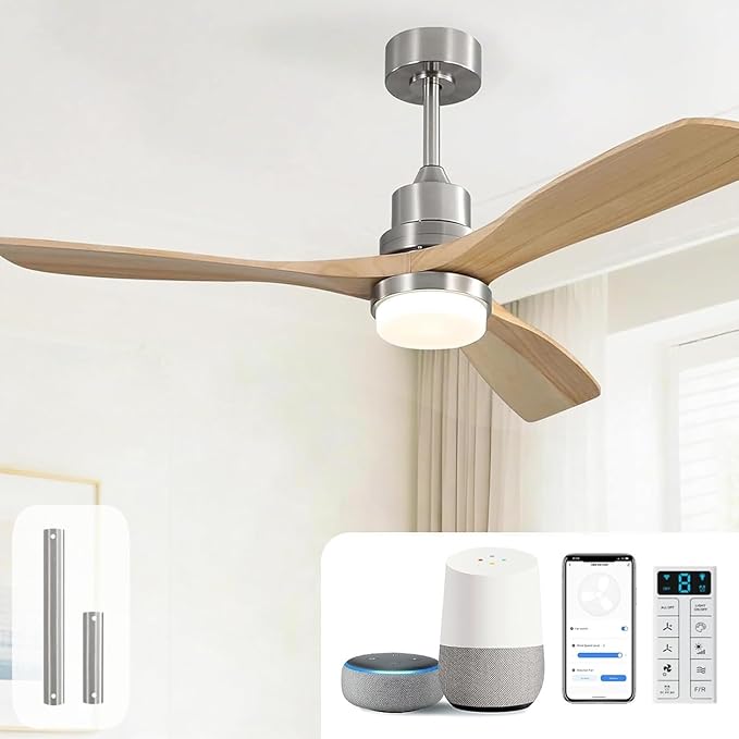 Sofucor 52 Inch Smart Ceiling Fans with Lights and Alexa/APP/Remote Control-Modern Outdoor 3 Solid Wood Blades Ceiling Fan for Bedroom Living Room Patio, Sandy Nickel&Natural Wood