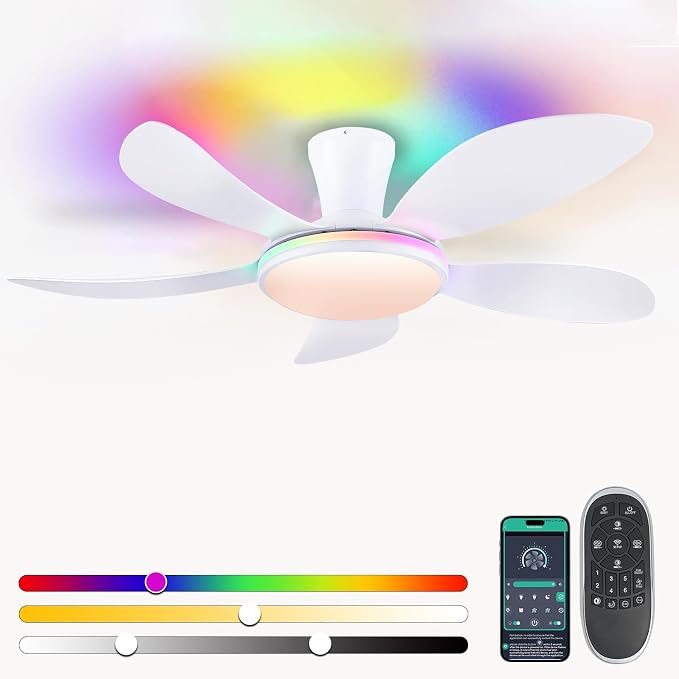 PHORUS 48" White Modern Low Profile RGB Ceiling Fans with Lights and Remote | 13 RGB Modes,Supports Remote and APP,6 Wind Speeds, Reversible, Dimmable 3 CCT LED, 30W DC Motor,Suits for Bedroom Kidsroom