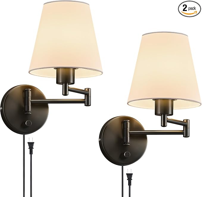 VONLUCE Wall Sconce Set of 2, Plug in & Hardwired Swing Arm Wall Lamps, Adjustable Wall Mounted Lighting Fixtures, Modern Wall Lights with Black Base White Fabric Shade for Bedside, Hallway, Study