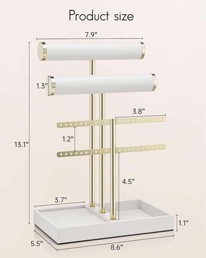 VLANDO 3 Tier Necklace Holder Organizer with Tray, Leather Bracelet Holder Display for Women, Gold Jewelry Stand for Bracelet, Necklace, Earrings, Rings - White