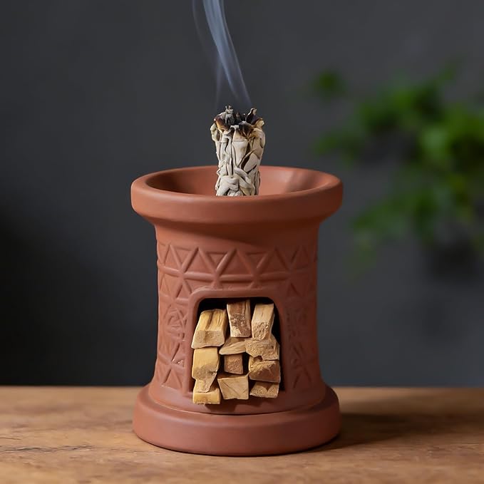 MOUGIGI 2 in 1 Incense Burner, Palo Santo Holder, Chiminea Smudging Bowl with Palo/Sage Storage Space, Handcrafted Ceramic, for Spiritual Meditation, Zen Altar and Home Décor, Perfect for Rituals