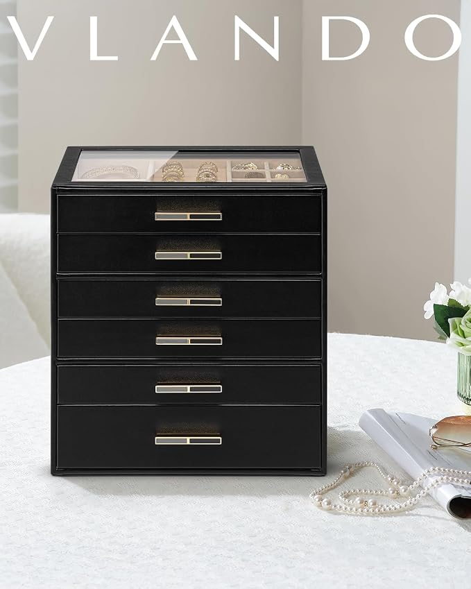 VLANDO 6 Layer Jewelry Box for Women, Glass Lid Jewelry Organizer with 6 Drawers for Necklaces Rings Earrings Bracelets - Black