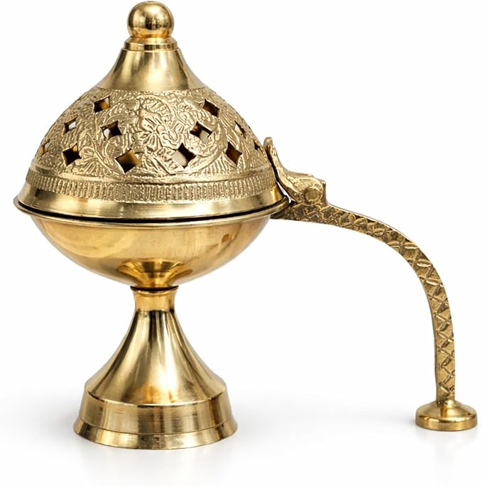 Brass Dhoop Dani with Handle for Puja | Traditional Brass Incense Burner with Dome Lid | Decorative Dhoop Holder for Temple, Home & Spiritual Use | (4.5 X4)