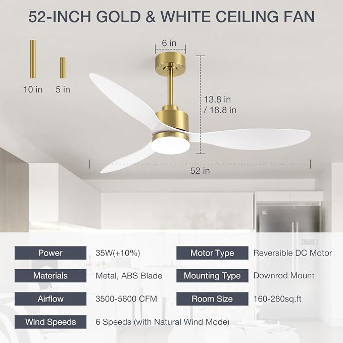 52" Contemporary Ceiling Fans with Lights and Remote, Quiet DC Motor, 3 Reversible Blades, 6-Speed, Modern Gold and White Low Profile Ceiling Fan with 3-Color LED Light Fandelier for Bedroom