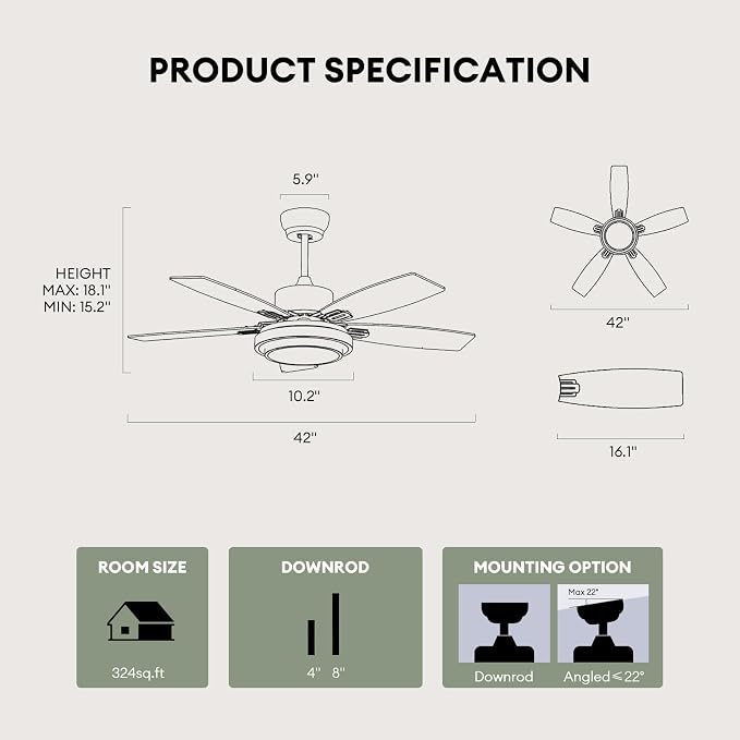 Ceiling Fans with Lights and Remote Control, 42 Inch Flush Mount Ceiling Fan with Quiet Reversible DC Motor, Dimmable LED Lighting, 6 Speeds, Timer, Black Ceiling Fan for Bedroom Living Room