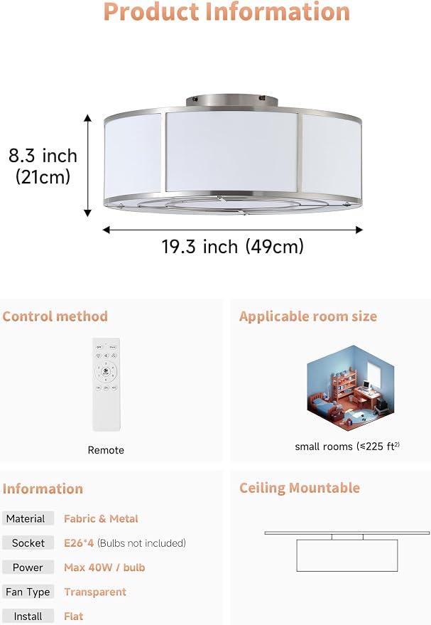 Low Profile Ceiling Fans with Lights, 20" Flush Mount Ceiling Fan with Light, Silver and White Boho Bladeless with 6 Speeds Remote Control for Bedroom, Nursery, Living Room