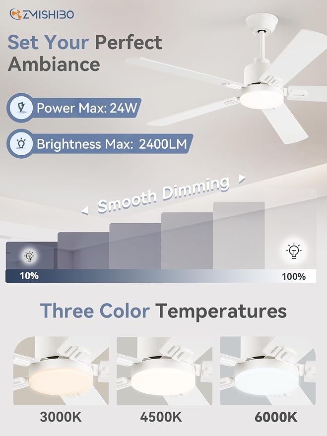 ZMISHIBO 2 Pack 52" Ceiling Fans with Lights, White Modern Ceiling Fan with Remote & App Control, Bedroom Indoor Fan with Dual Finish Blades, Quiet & Strong Motor, 24W Dimmable Bright LED Light.
