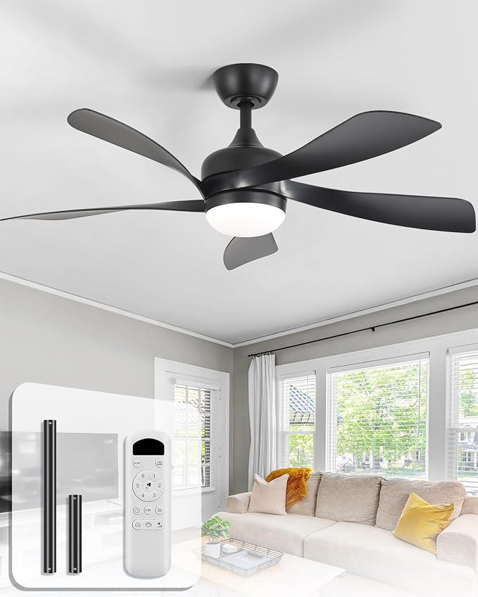 Sofucor 42 Inch Ceiling Fan with Lights and Remote, Indoor/Outdoor Ceiling Fan with Light 6-Speed 3 CCT 3-Timer, Low Profile Black Ceiling Fan 5 Blade Quiet DC Motor for Bedroom Living Room Patio
