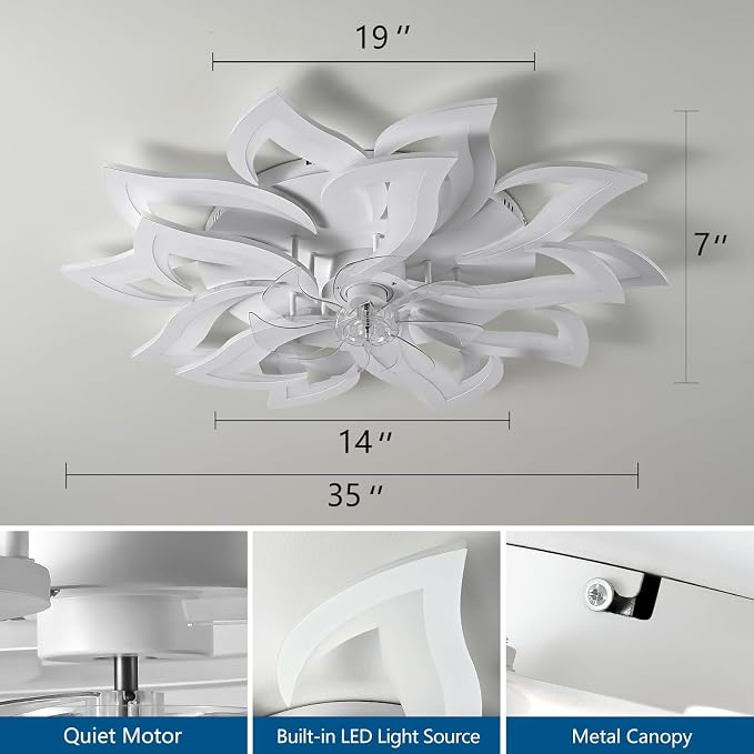 Dalouguan 35" White Modern Ceiling Fan with Lights Remote Control, 6 Speeds 3 Light Color Low Profile Flush Mount Ceiling Fan for Kitchen Bedroom Living Room